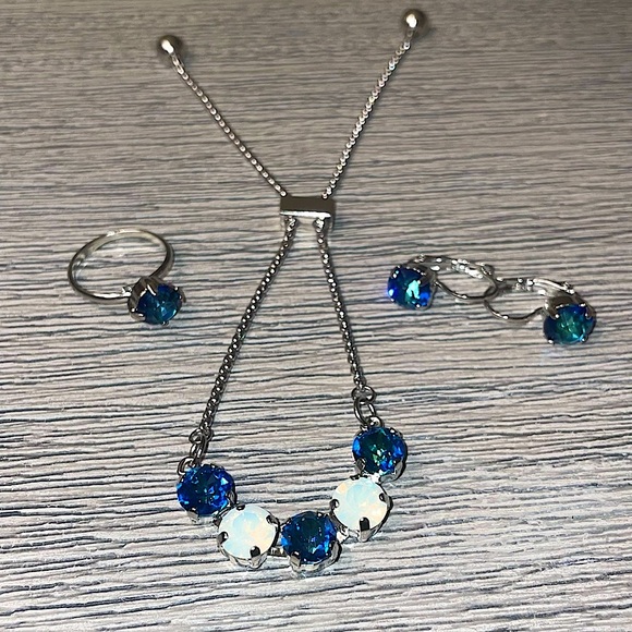 Sterling Silver Swarovski Turquoise Jewelry Set. Anklet, Earrings, Ring - Picture 10 of 14